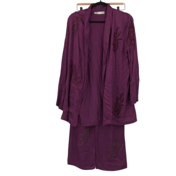 Zara Purple Beaded Embroidered High Waist Drawstring Kimono And Pants Set Sz XS - Picture 2 of 11